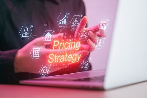 Real estate professional analyzing pricing strategy with digital icons and data.